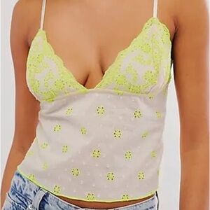 💥 Free People 100% Cotton Lace Trimmed Neon Yellow and Cream Deep V-neck Top